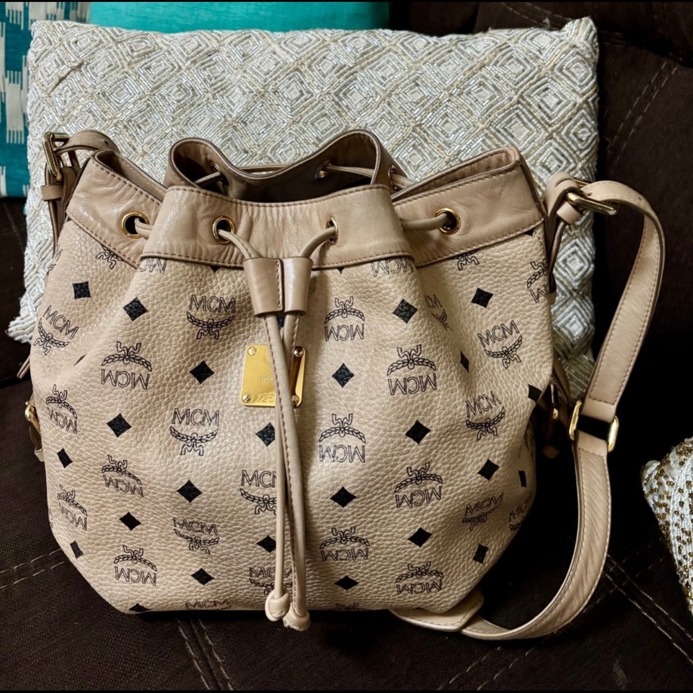 MCM Beige Monogram Drawstring Bucket Shoulder Bag with Gold Plaque
